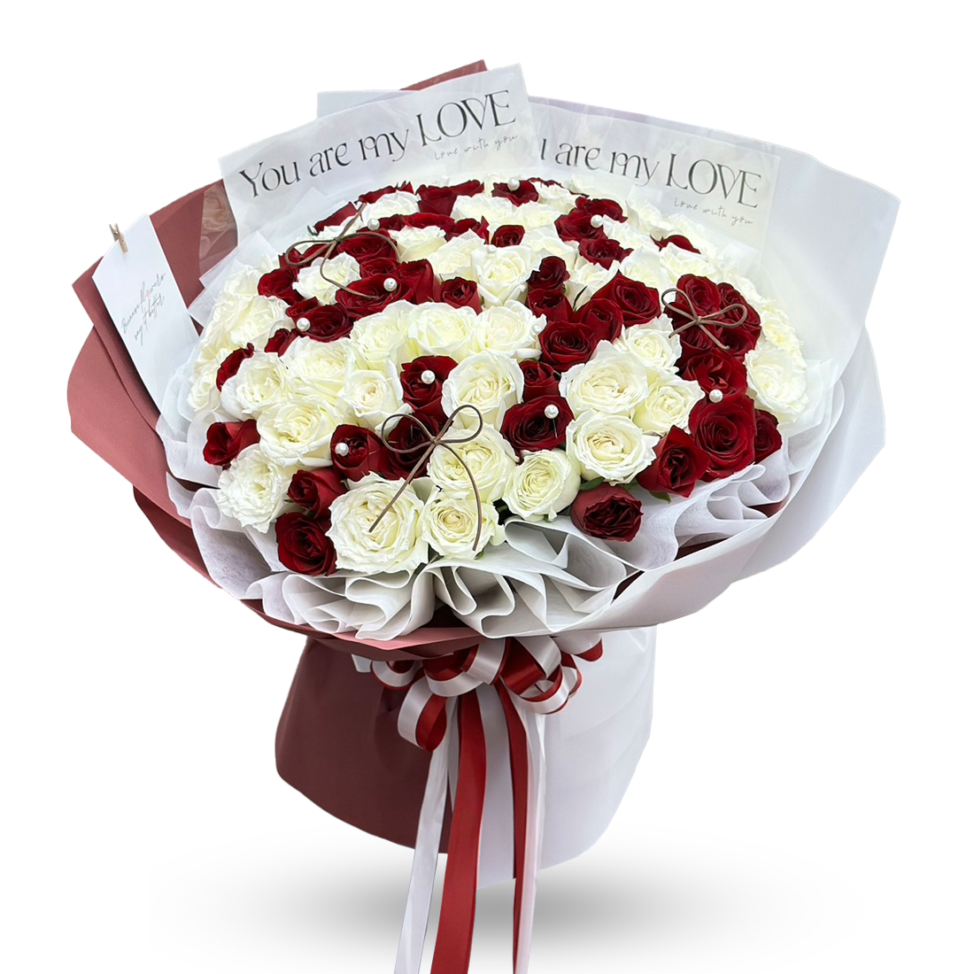 "YOU ARE MY LOVE" Bouquet of 100 Roses With Pearls And A Tiny Bow