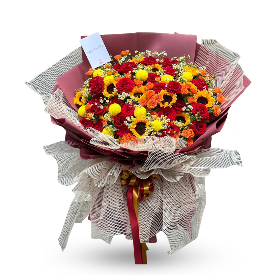 "Crazy in Love" Bouquet of Red and Orange Roses, Sunflowers, Chrysanthemum with Daisy