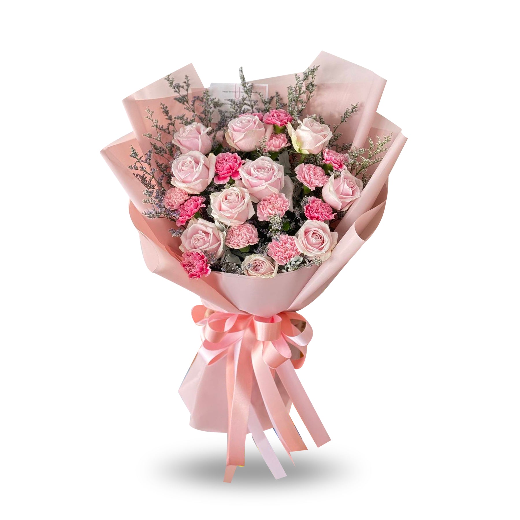 "Sugar Blossom" Bouquet Of Pink Roses, Pink Carnation And Caspia