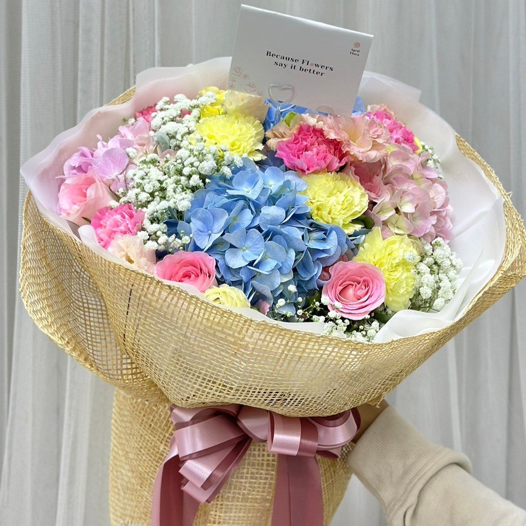 "Lollipop" Bouquet of Carnations, Roses And Hydrangea