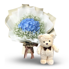 "Blue Love" bouquet of blue hydrangea & Teddy Bear with bow tie