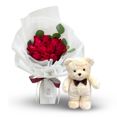 "Classic Red" Roses Bouquet with Teddy Bear with Bow Tie