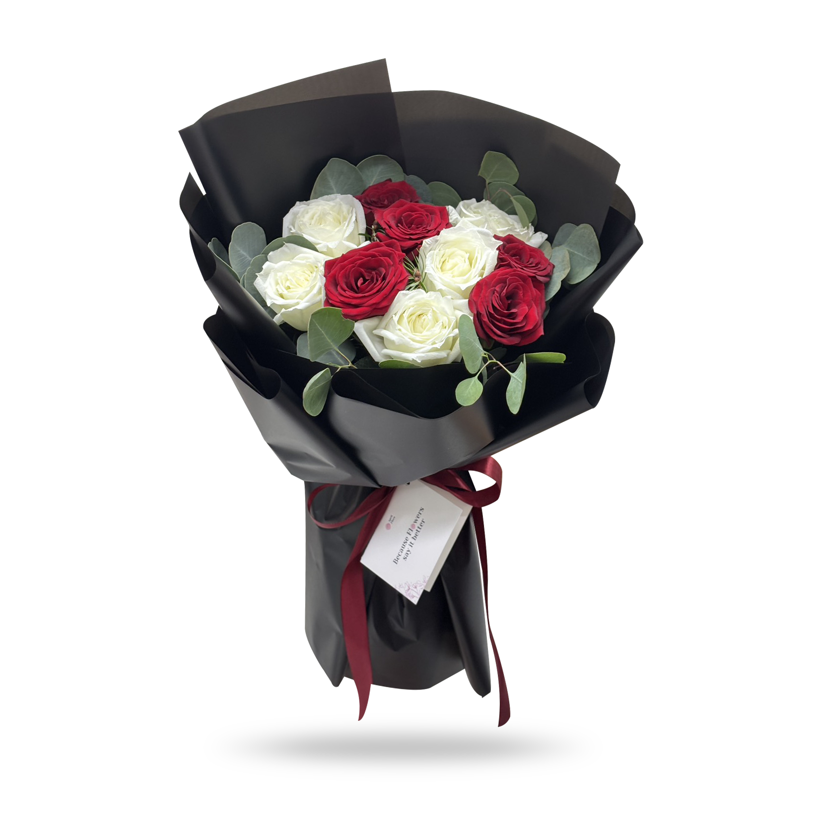 Midnight Romance – 10 Red & White Rose Bouquet