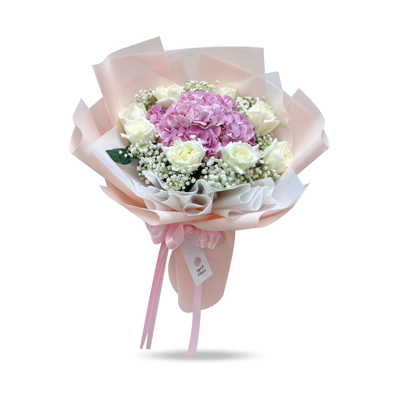 "YOU ARE MY HEART" Bouquet of Pink Hydrangea and White Roses with Baby's Breath