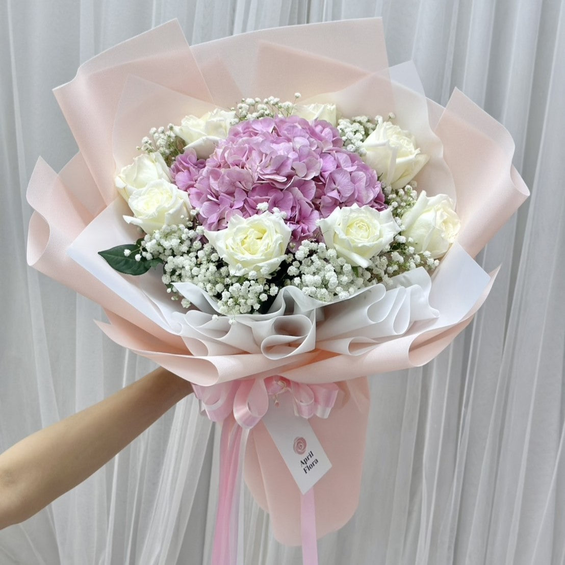 "YOU ARE MY HEART" Bouquet of Pink Hydrangea and White Roses with Baby's Breath