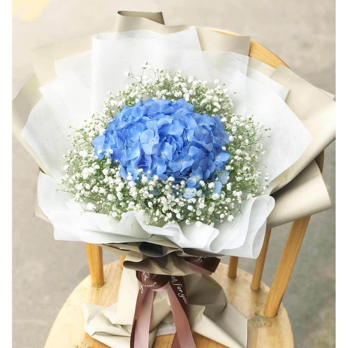 "Blue Love" bouquet of blue hydrangea and white gypso - Phuket