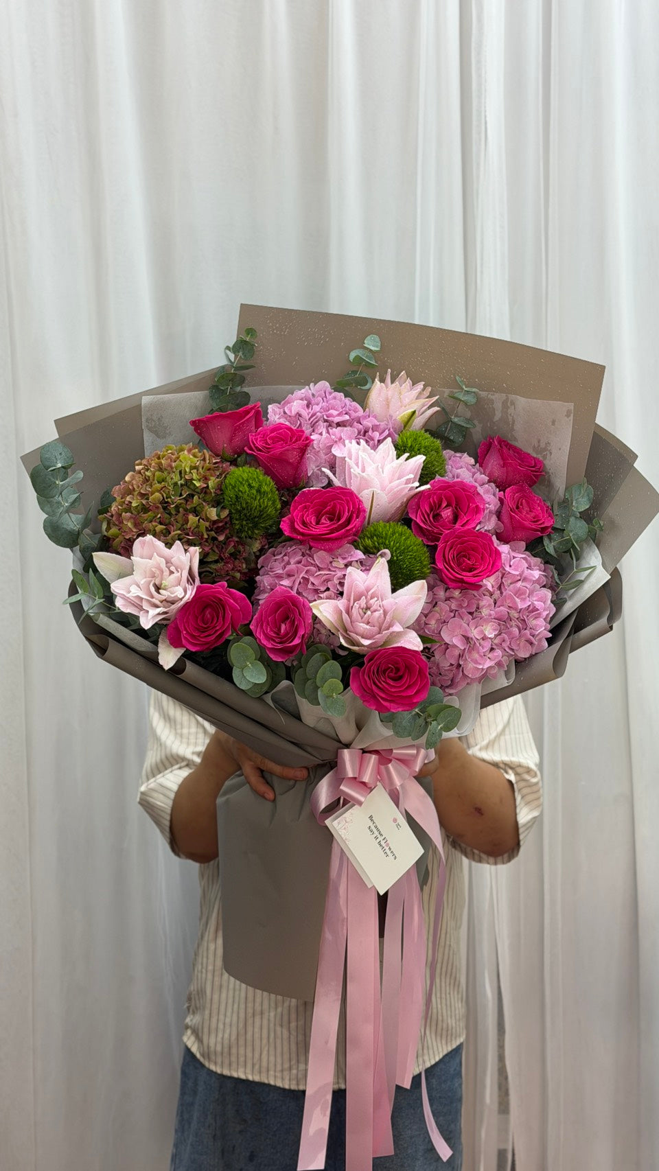 Rosy Eclipse - Bouquet of Pink Hydrangea, Roses and Lilies