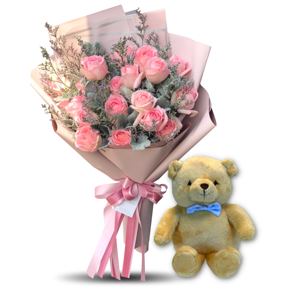 Bouquet Of 20 Pink Roses With Caspia and Teddy Bear with Bow Tie