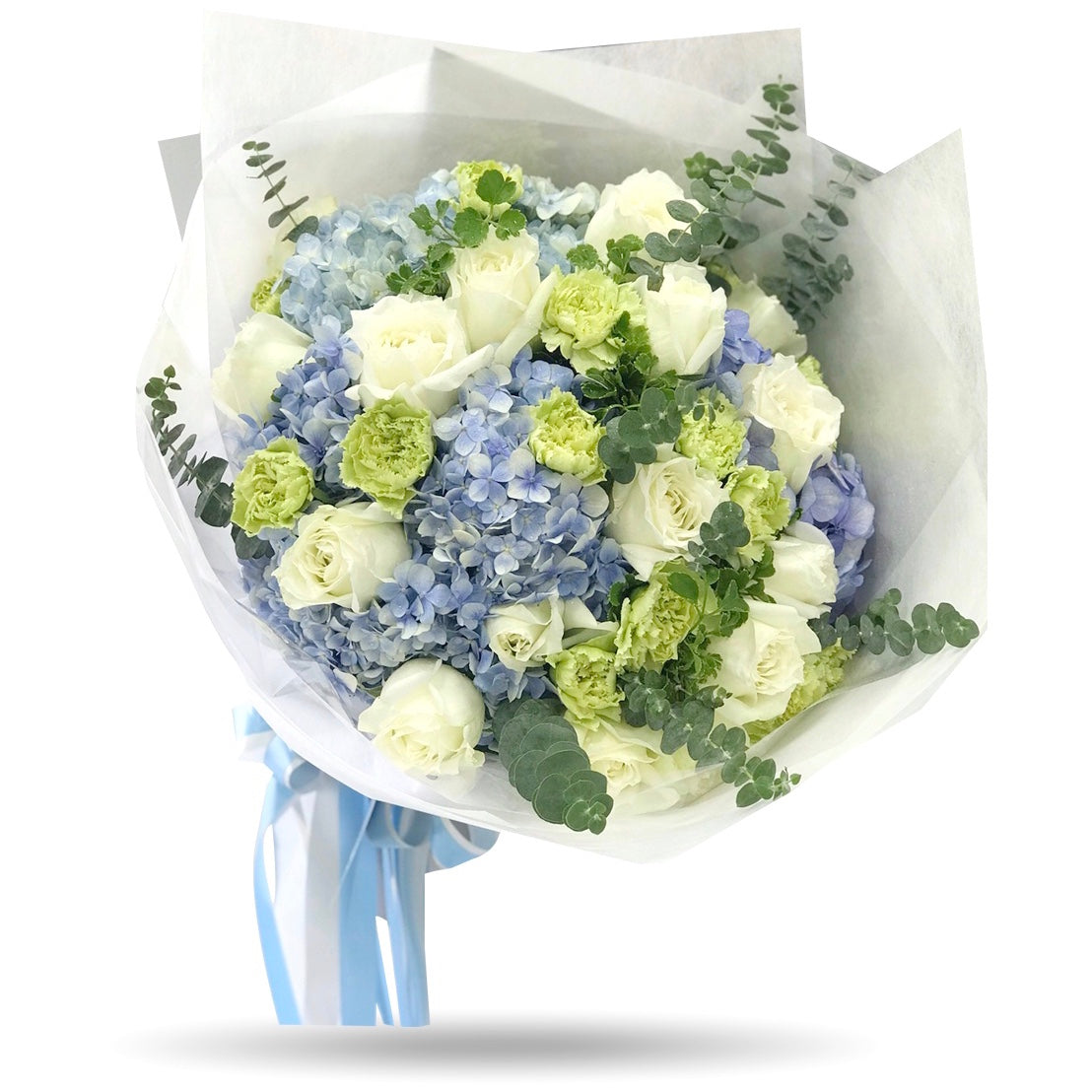 Classic mixed blue hydrangea with white roses - April Flora