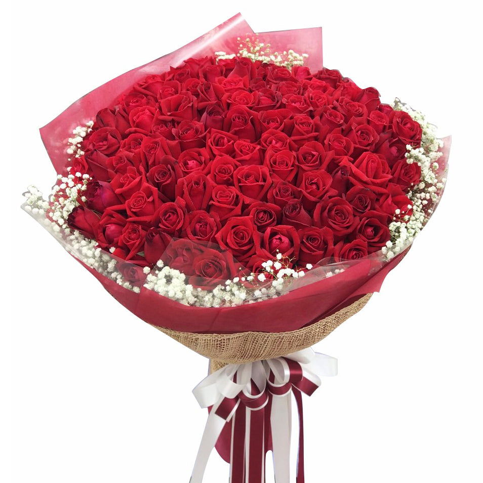 100 Red Roses Bouquet with gypsy - April Flora