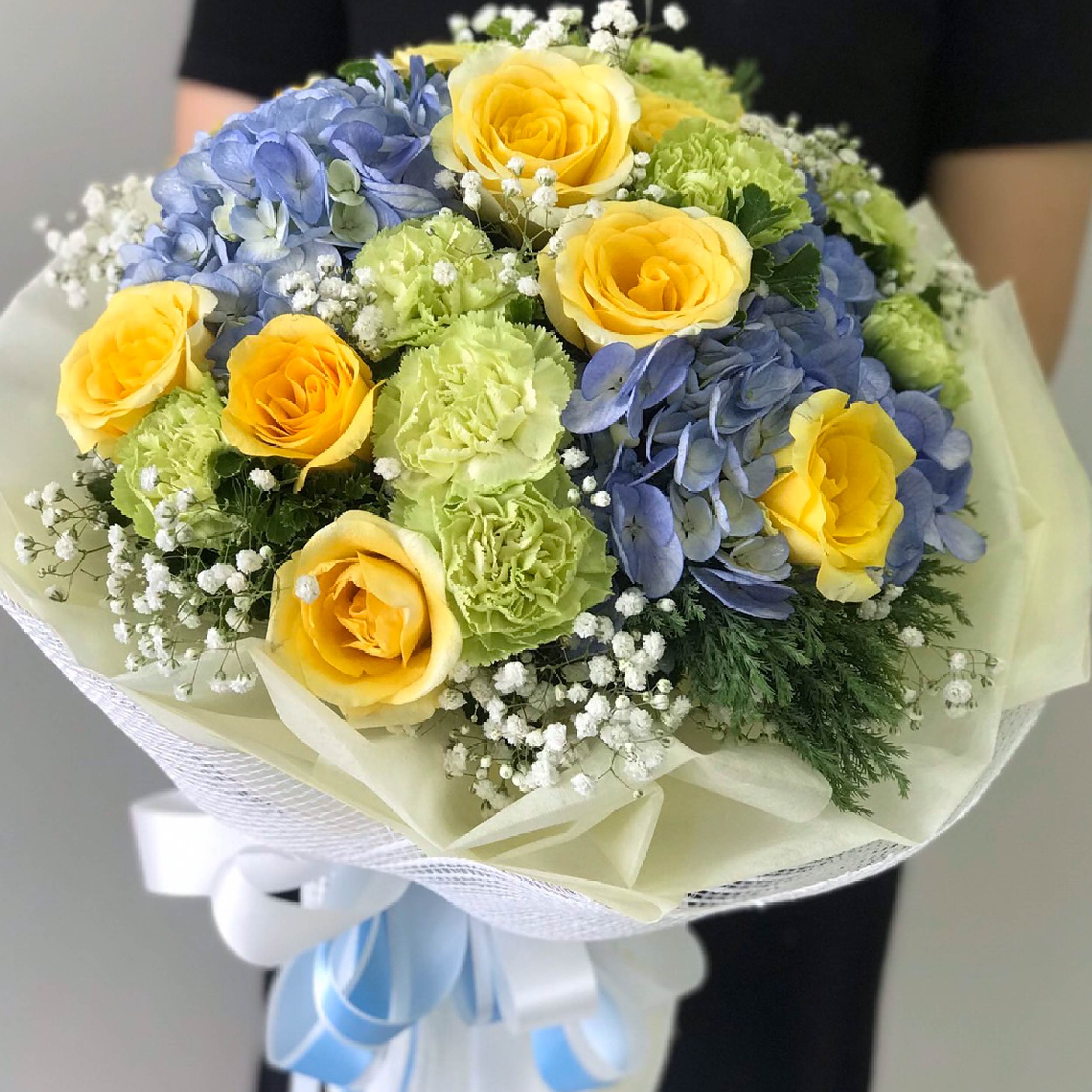 "Lovely Blue Cupid" Bouquet Of Hydrangea, Rose , Lisianthus and Gypso