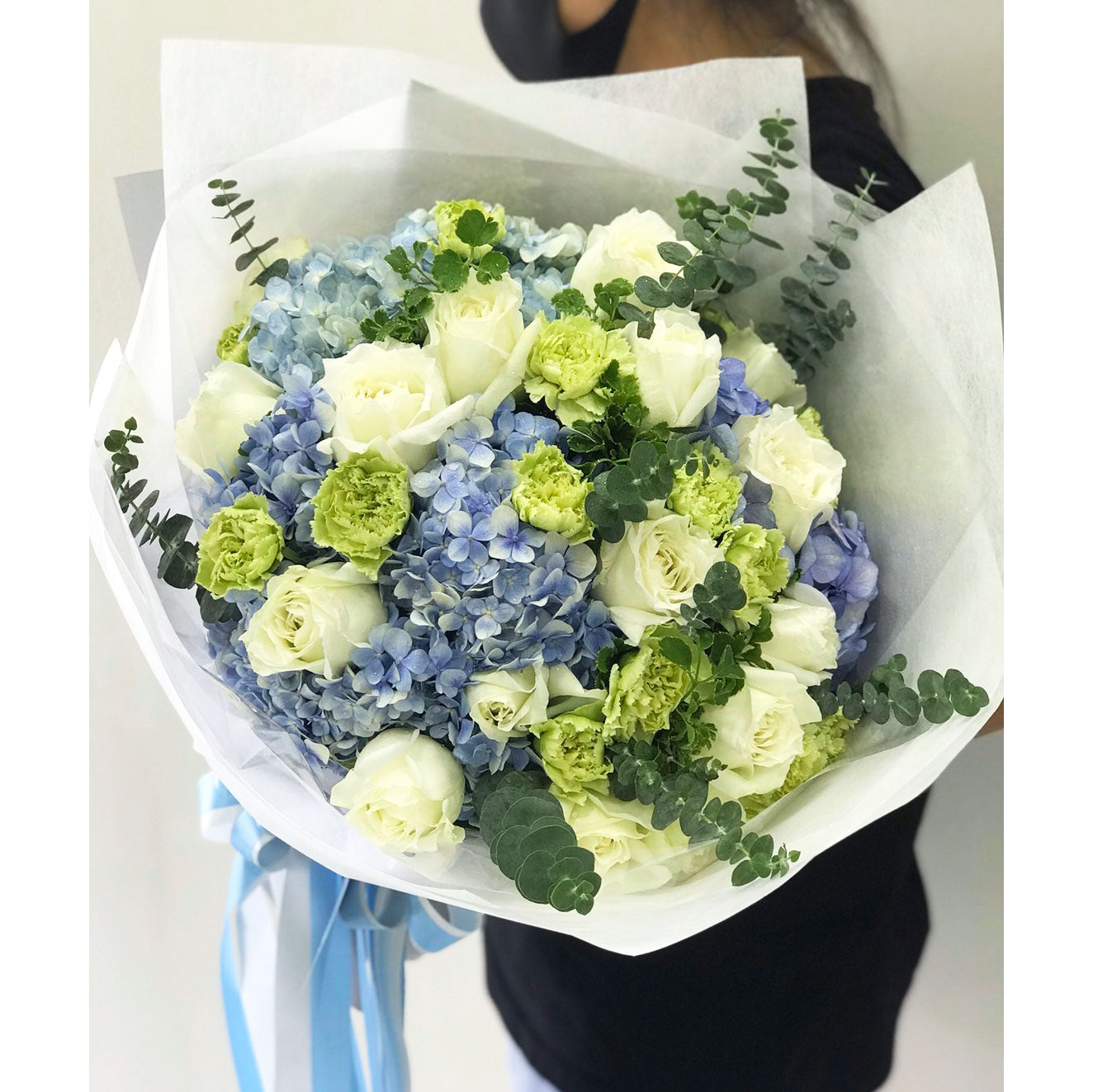 "Simple and Classic Love" Bouquet of blue hydrangea with white roses
